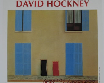 May include: A painting by David Hockney titled "Two Windows in a French House" depicting a yellow building with three windows and two doors. The windows and doors are all blue and have white shutters. The doors are closed and the windows are open. The painting is signed by the artist in the bottom right corner.