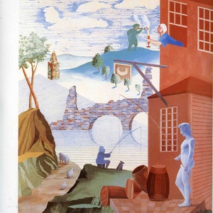May include: A colorful painting by David Hockney titled "Hawaii Opera Theatre". The painting depicts a landscape with a brick archway, a house with a red roof, and a figure fishing in a river. The painting is signed by the artist in the bottom right corner.