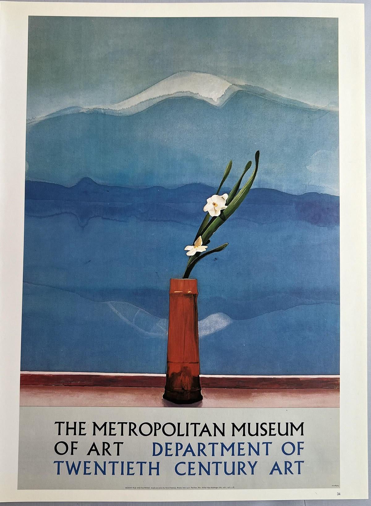 Vintage Hockney Print Amaryllis in Vase, 1980s Red Flowers Blue