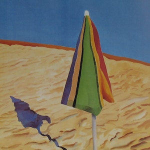 Vintage David Hockney Beach Umbrella Litho, Colorful Summer Beach Scene, Contemporary Art Print, Exhibition Poster Wall Hanging, 10 x 13.6&quot;