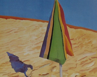 Vintage David Hockney Beach Umbrella Litho, Colorful Summer Beach Scene, Contemporary Art Print, Exhibition Poster Wall Hanging, 10 x 13.6"
