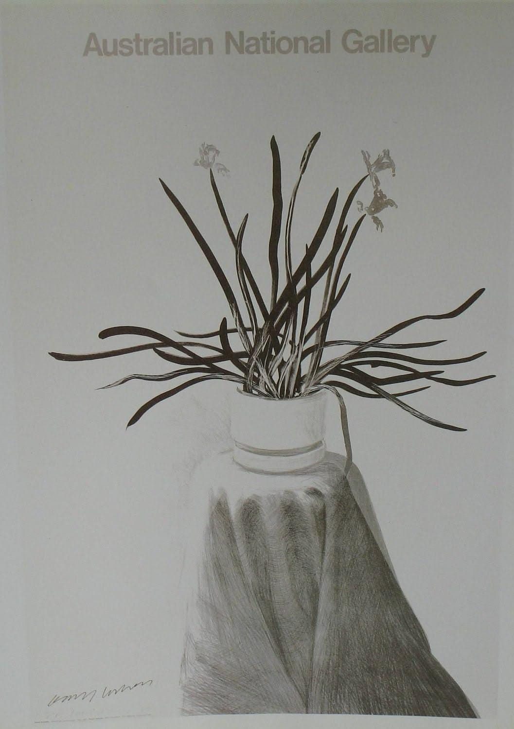 Vintage Hockney Print Amaryllis in Vase, 1980s Red Flowers Blue