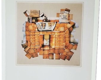 Vintage David Hockney Print THE DESK, LONDON, Joiner Photo-Collage Cubist Style, British Council Japan Touring Exhibition Poster Art, 10x14