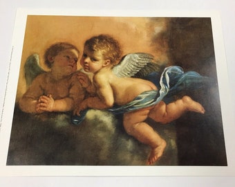 Vintage 2 Winged Cherubs Art Print, Angel Detail from Guercino's Patron Saints of Modena, Nursery Wall Decor, Wall of Angel Art, 9 x 12"