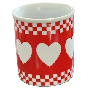 7 Avail NOS Vintage Red Heart Checkerboard Mug, Retro Bistro Diner Style, Country Cottage Farmhouse Kitchen Decor Shibata Tajimi Japan, 8 oz 画像 3
