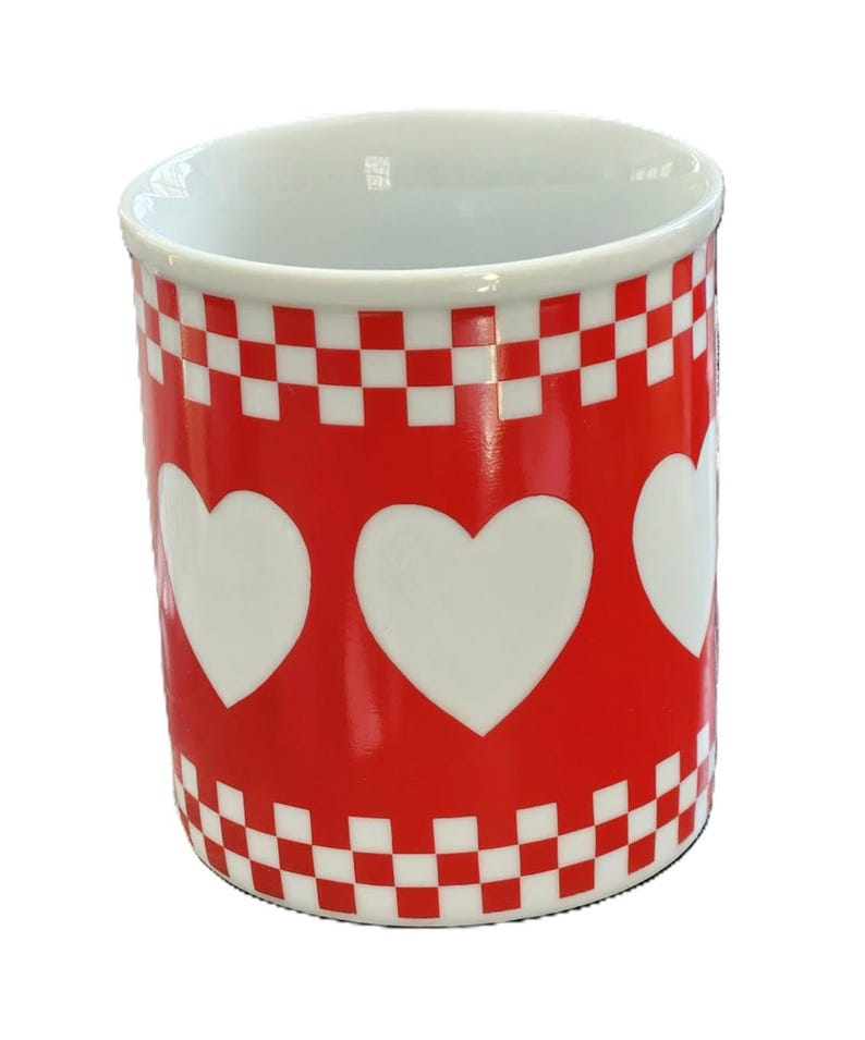 7 Avail NOS Vintage Red Heart Checkerboard Mug, Retro Bistro Diner Style, Country Cottage Farmhouse Kitchen Decor Shibata Tajimi Japan, 8 oz 画像 3