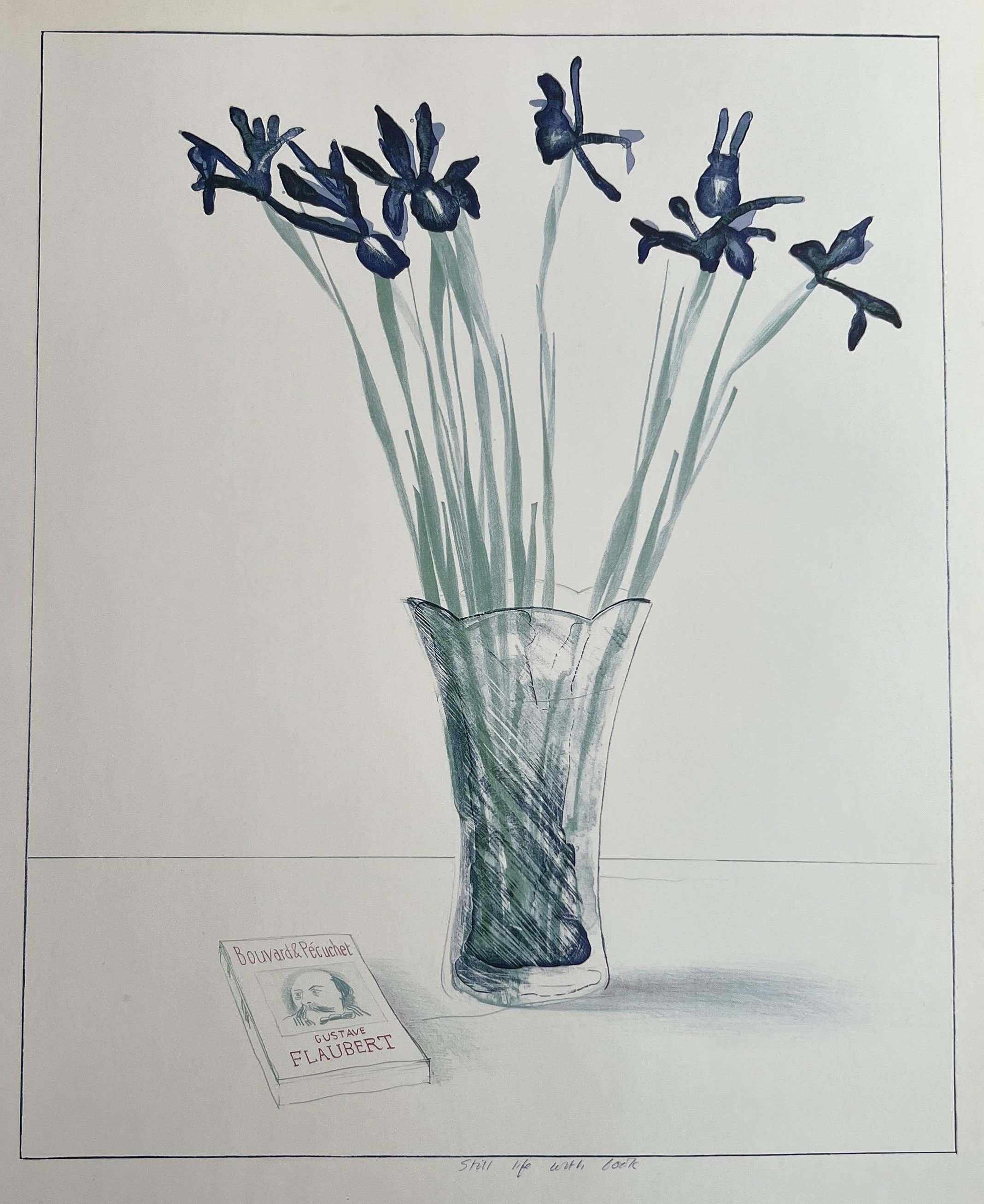 Vintage Hockney Print Purple Iris Flowers in Vase, Still Life With 