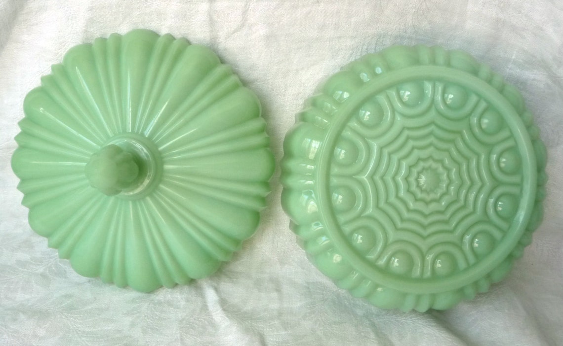 1940s Fire King Jadeite Candy Dish Ribbed Cover Lid Etsy