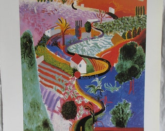 Grabado antiguo de Hockney, Nichols Canyon Road, Hollywood Hills, Los Ángeles de la década de 1980, pintura de paisaje vibrante, cartel de la exposición del Met, 10 x 14
