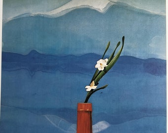 Vintage David Hockney Litho MOUNT FUJI with FLOWERS, Minimalist Still Life, Blue Aqua Red Serene Scene, Exhibition Poster Art Print, 10 x 14