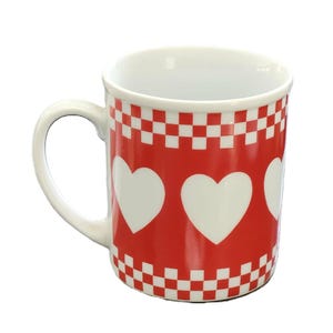 7 Avail NOS Vintage Red Heart Checkerboard Mug, Retro Bistro Diner Style, Country Cottage Farmhouse Kitchen Decor Shibata Tajimi Japan, 8 oz 画像 2