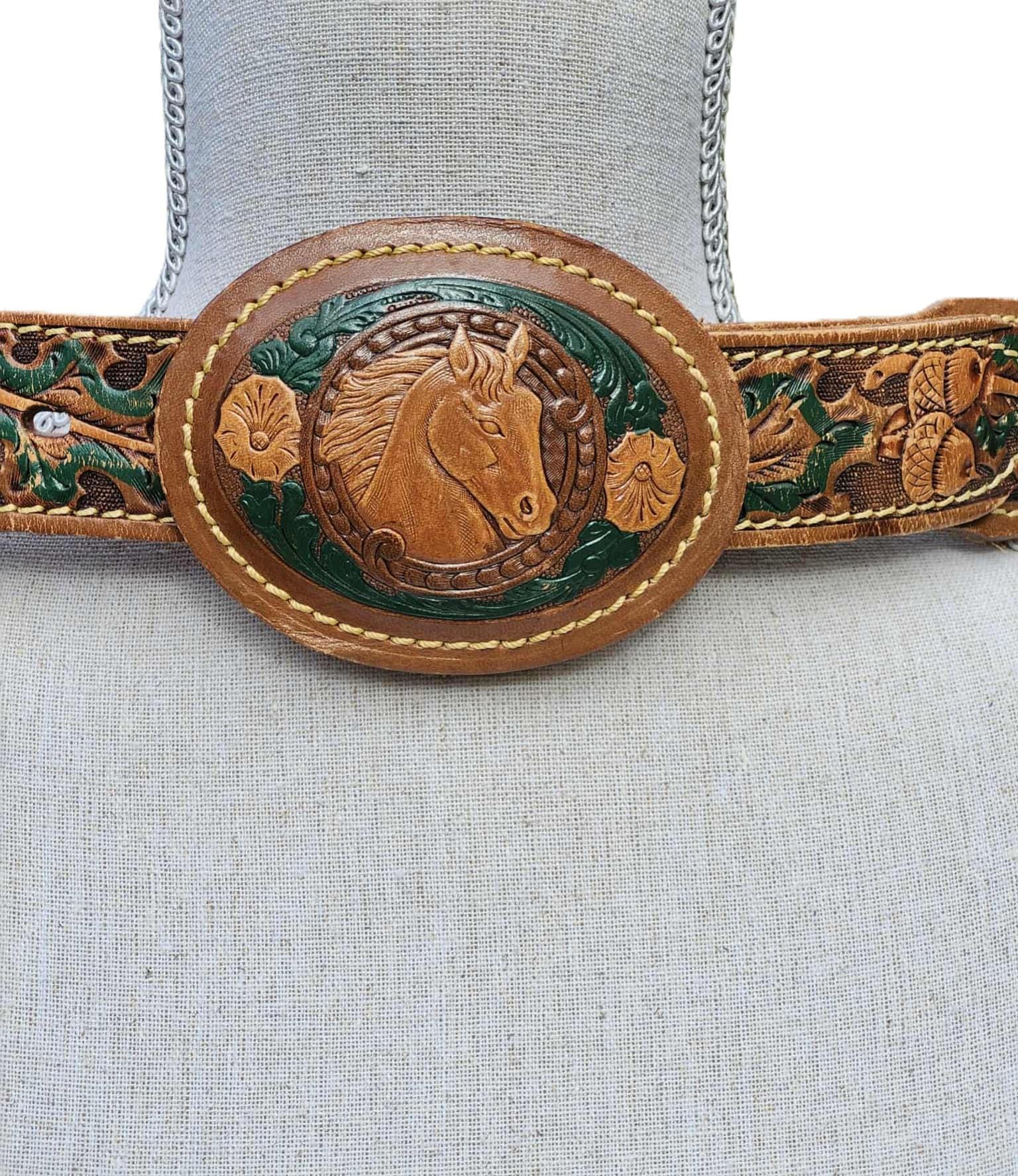 Vtg Western/Cowgirl Brown Leather Belt with Horse-Themed Metal Buckle Adjustable SANSTHS Cowboy Western Belts for Men Women Western Cowboy  main image 4