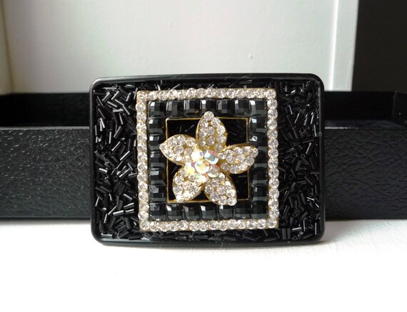 Womens Black Flower Belt Buckle Womans Rhinestone Flower Buckle Fancy Black Belt Buckles Black Metal Rectangle Buckle 3.5 w x 2.5 h