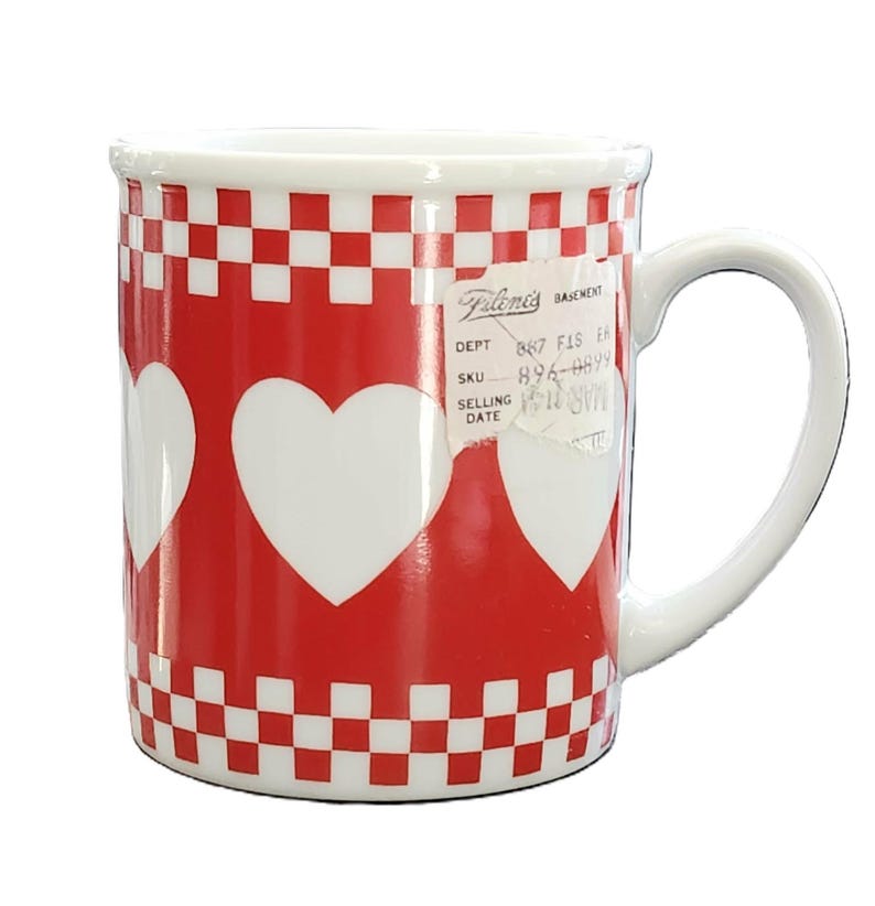7 Avail NOS Vintage Red Heart Checkerboard Mug, Retro Bistro Diner Style, Country Cottage Farmhouse Kitchen Decor Shibata Tajimi Japan, 8 oz 画像 4