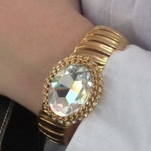 Sparkly Clear Rhinestone Bangle Bracelet- Womens Faux Diamond Goldtone Bangle- Chunky Statement Bracelet- Altered Vintage Jewelry- Gold Tone