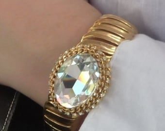 Sparkly Clear Rhinestone Bangle Bracelet- Womens Faux Diamond Goldtone Bangle- Chunky Statement Bracelet- Altered Vintage Jewelry- Gold Tone