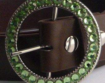 Belt Buckle, Womans Swarovski Crystal Belt Buckle, 40 Rhinestone Color Choices, Peridot Green shown August Birthstone, Gift Idea for Woman