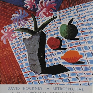 Litografía antigua, póster de la exposición de arte de David Hockney, impresión artística BODEGÓN CON FLORES, picnic de flores y frutas, arte contemporáneo, 10 x 13,6"