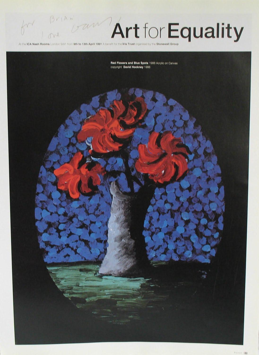 Vintage Hockney Print Amaryllis in Vase, 1980s Red Flowers Blue