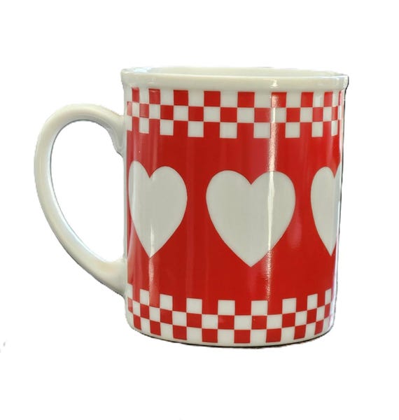 7 Avail NOS Vintage Red Heart Checkerboard Mug, Retro Bistro Diner Style, Country Cottage Farmhouse Kitchen Decor Shibata Tajimi Japan, 8 oz