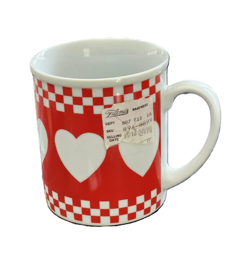 7 Avail NOS Vintage Red Heart Checkerboard Mug, Retro Bistro Diner Style, Country Cottage Farmhouse Kitchen Decor Shibata Tajimi Japan, 8 oz 画像 5