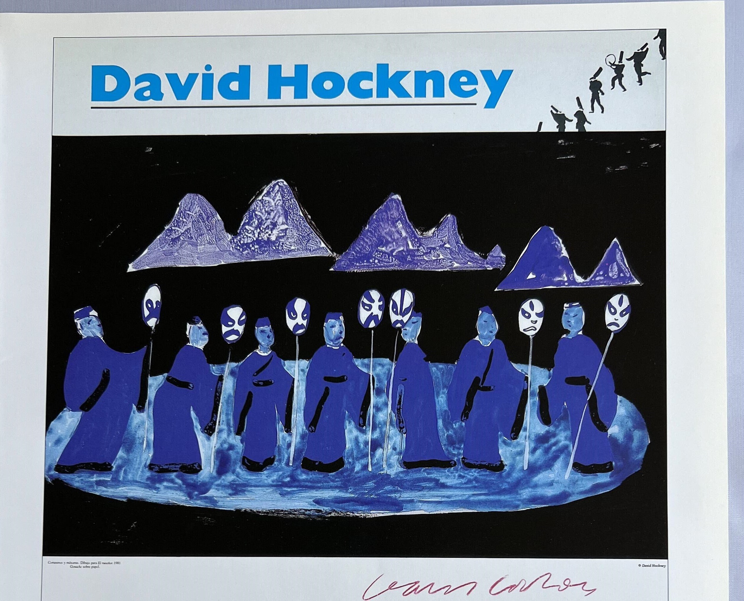 Vintage Lithograph of David Hockney Art Exhibition Poster, Stage / Costume Design for Stravinsky Opera Le Rossignol, Courtiers & Masks 10x14