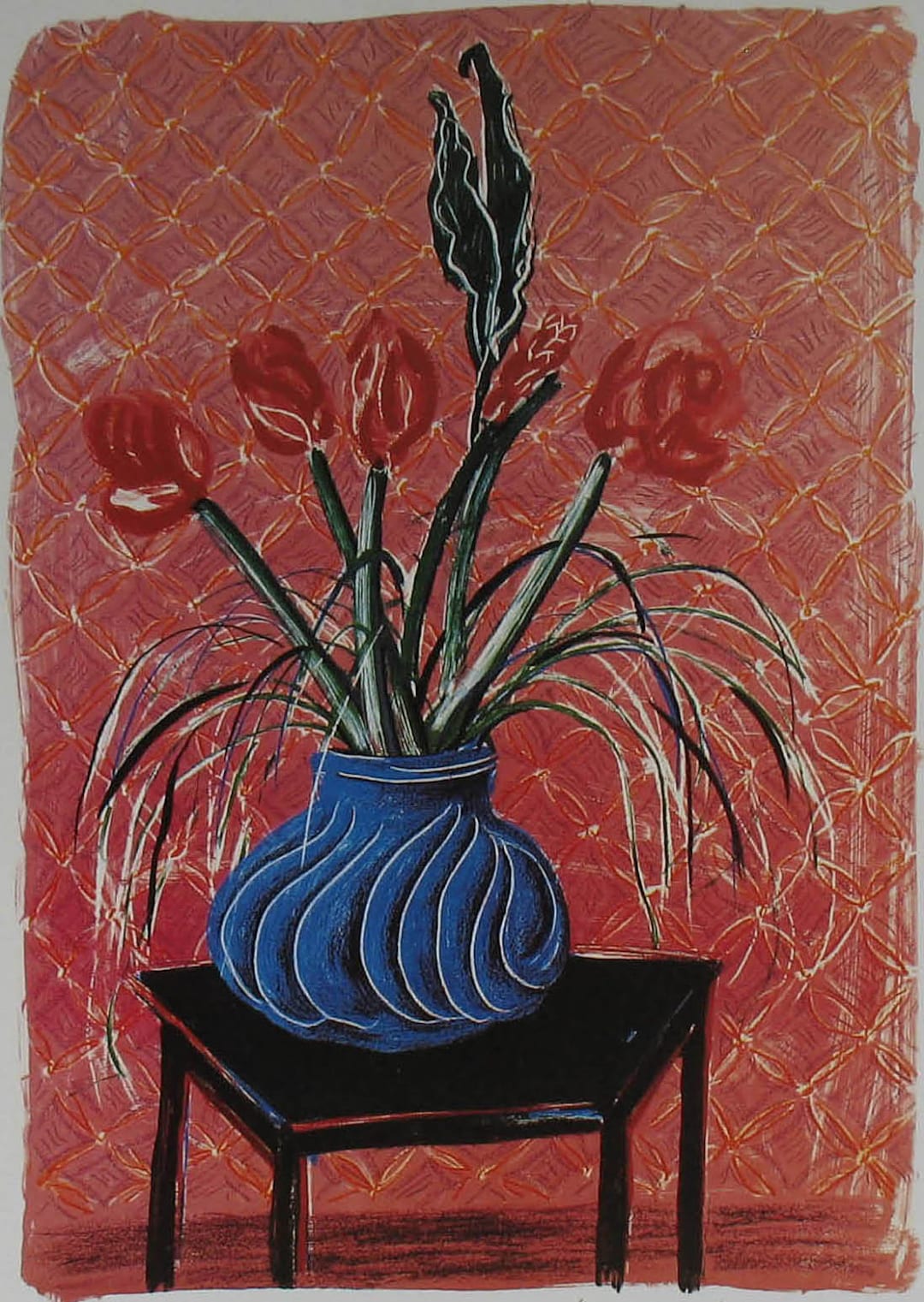 版画 David Hockney Amaryllis in Vase poster Vintage Hockney Print Amaryllis in Vase, 1980s Red Flowers Blue