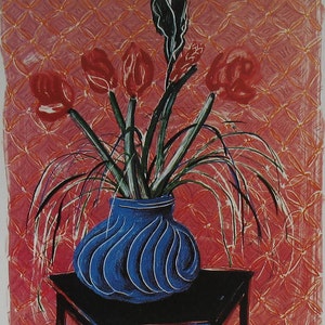 Amaryllis en jarrón de David Hockney vintage, litografía de póster de exposición de arte, flores rojas y azules contemporáneas, arte de pared sin marco, 10 x 13,6"