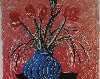 Vintage David Hockney Amaryllis in Vase, Lithograph of Art Exhibition Poster, Contemporary Red Blue Flowers, Unframed Wall Art, 10 x 13.6"