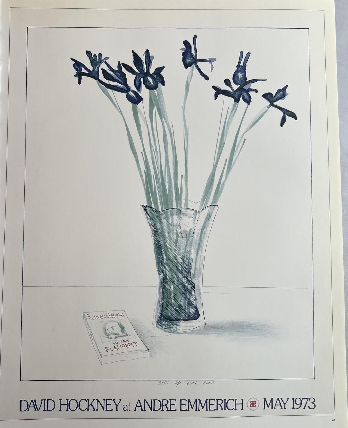 Vintage Hockney Print Amaryllis in Vase, 1980s Red Flowers Blue