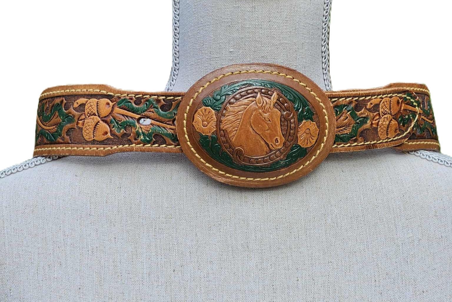 Vintage Tooled Embossed Leather Belt With Horse Head Buckle  display picture 2