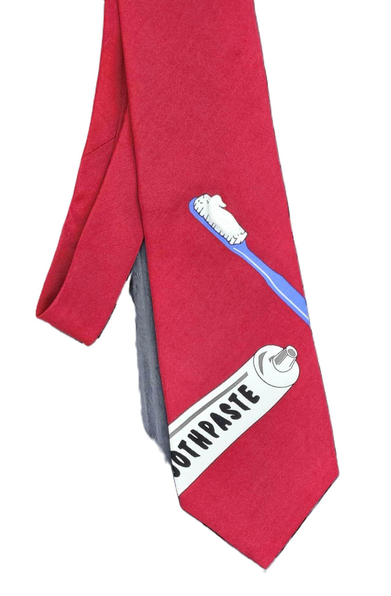 Vintage 1980s Vcky Davis Dentist Novelty Tie, Red Silk Toothbrush