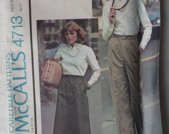 uncut 70s Carefree McCalls 4713 Sewing Pattern- High Waist Pants- Zipper Skirt- Long Sleeve Blouse- Misses Size 10 Bust 32.5 Hips 34.5 nos