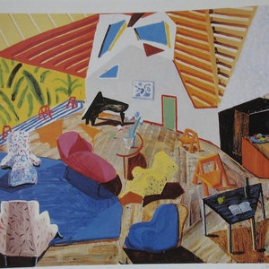 Vintage David Hockney Lithograph, LARGE INTERIOR LA, Art Exhibition Poster, Shifting Perspectives, Colorful Interior Scene Print, 10 x 13.6&quot;