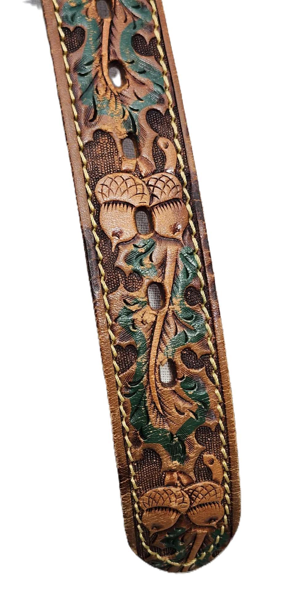 Vintage Tooled Embossed Leather Belt With Horse Head Buckle  display picture 1