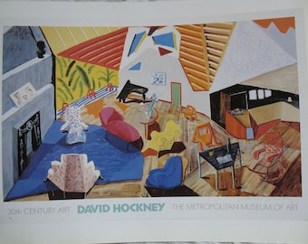 Vintage Hockney Print, Large Interior LA, 1980s Colorful Perspectives Study, Vivid Geometric Interior, The Met Art Exhibit Poster, 10 x 14