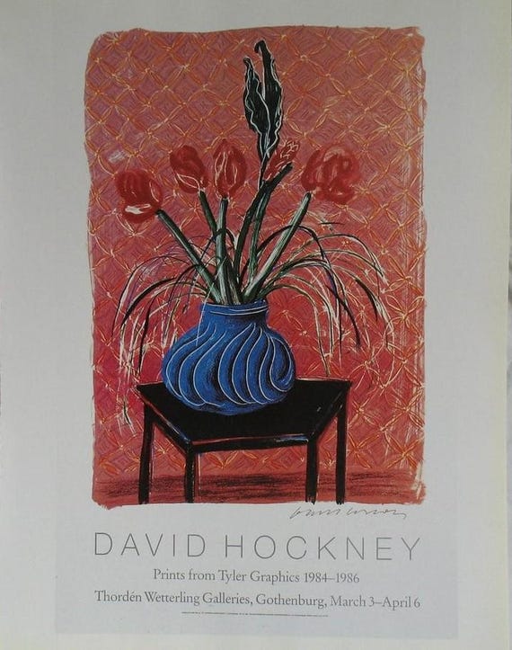 Vintage Hockney Print Amaryllis in Vase, 1980s Red Flowers Blue