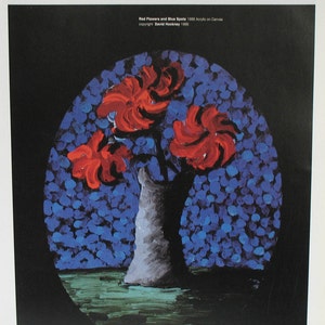 Litografía vintage de David Hockney, póster de exposición de arte de los años 80, flores rojas, manchas azules, flores en jarrón, impresión de arte contemporáneo, 10 x 13,6"