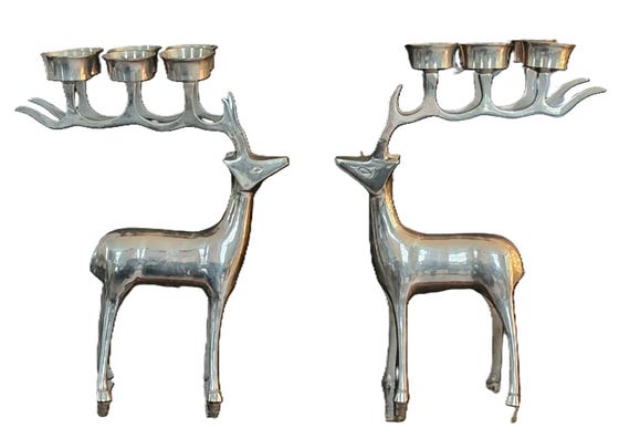 Pair of 2 Vintage Reindeer Candelabras, Silver Metal Deer Tea Light Holder Set, Cozy Winter Decor for Buffet Mantle Console Sideboard, 13" H
