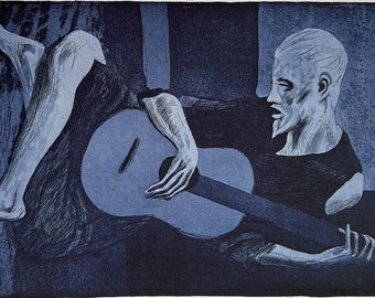 Vintage David Hockney Blue Guitar Series Lithograph of 1977 Etching, The Old Guitarist (after Picasso), Art Exhibition Poster Print 10 x 14"