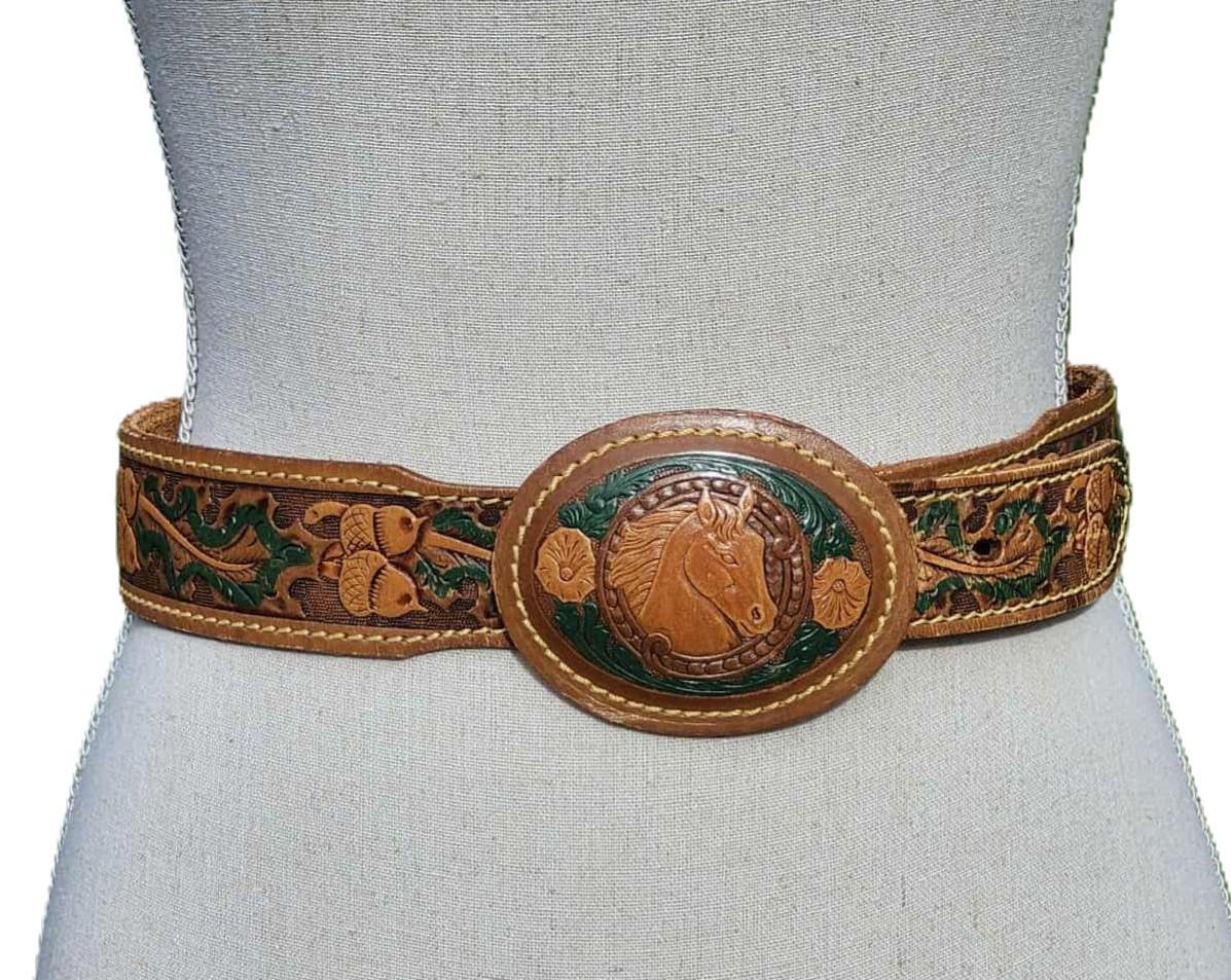 Hand-Tooled Tan Leather Belt with Horse Head Buckle s-l400.jpg main image 2