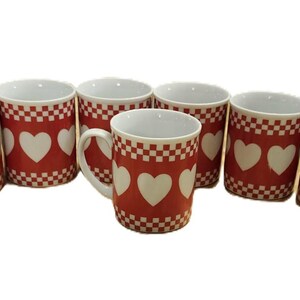 7 Avail NOS Vintage Red Heart Checkerboard Mug, Retro Bistro Diner Style, Country Cottage Farmhouse Kitchen Decor Shibata Tajimi Japan, 8 oz 画像 7