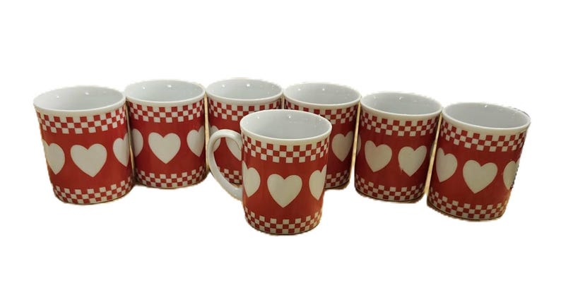 7 Avail NOS Vintage Red Heart Checkerboard Mug, Retro Bistro Diner Style, Country Cottage Farmhouse Kitchen Decor Shibata Tajimi Japan, 8 oz 画像 7