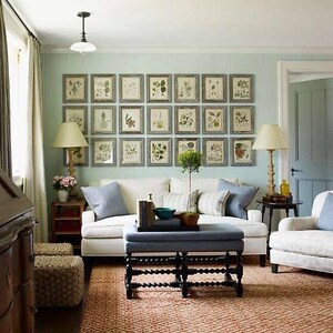 A symmetrical gallery-style display on a light blue or light green wall above a couch. Twenty-one botanical prints in matching frames arranged in three long rows.