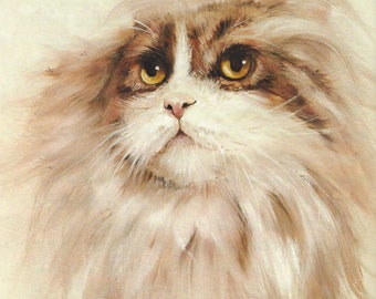 Vintage Art Print of Persian Cat Painting, French Cottage Decor, English Country Style, Shabby Chic Wall Art, Persian Longhair Cat, 9" x 12"
