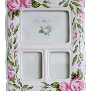 Romantic Vintage White Ceramic 3 Photo Collage Frame, Triple Photo Frame, Pink Green Floral Rose Design, Tabletop, Shabby Chic Cottage Style