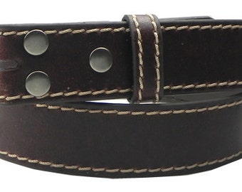 Unisex Dark Brown Leather Belt Strap with Snaps, Contrasting Stitching, Change Remove Buckles Easily, Size XL 41 42 43 44