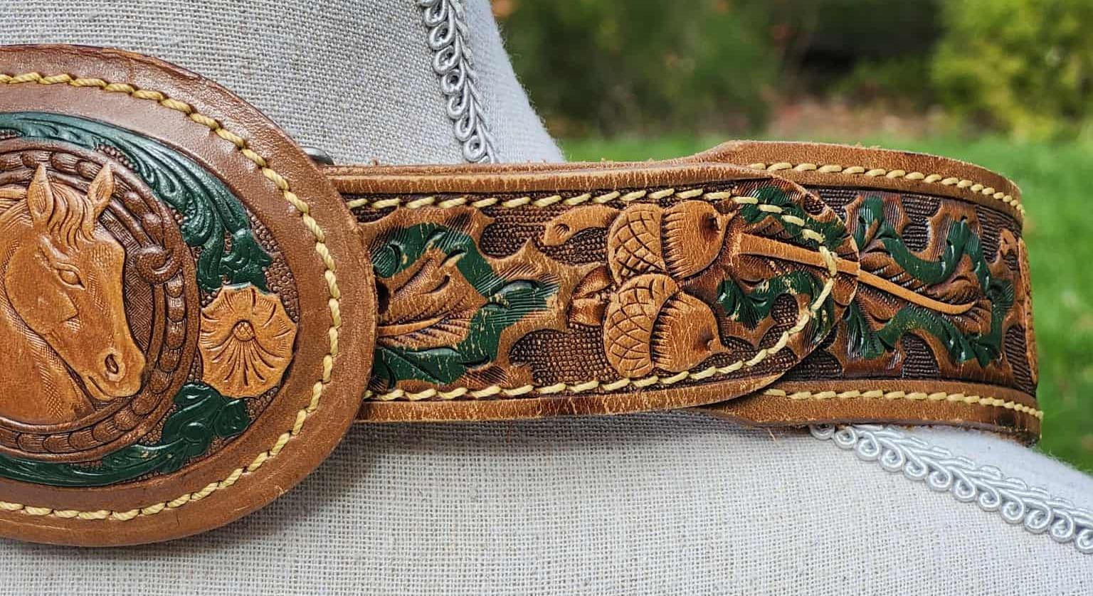 Vintage Tooled Embossed Leather Belt With Horse Head Buckle  display picture 1