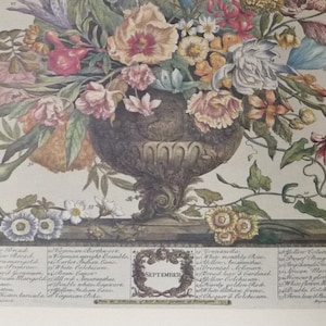 May include: A vintage botanical illustration of a bouquet of flowers in a vase. The flowers are arranged in a symmetrical pattern and include roses, carnations, and other blooms. The illustration is labeled with the names of the flowers and the month of September.