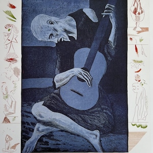 May include: A print of Pablo Picasso's "The Old Guitarist" from 1903. The artwork depicts a seated figure in blue tones, holding a guitar. The print includes the artist's name, birth year, and the title of the artwork.